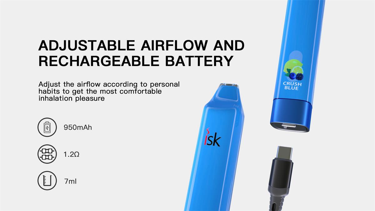 ISK013 Vape Desechable 3000 Caladas con flujo de aire ajustable y batería recargable